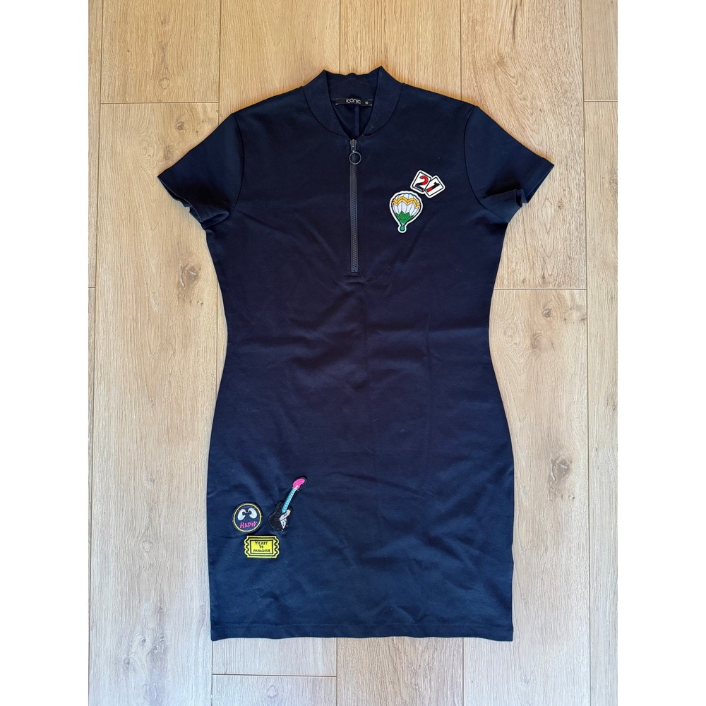 Iconic Navy Bodycon Mini Dress Cap Sleeve Quarter Zip Mock Neck Patches Size 10